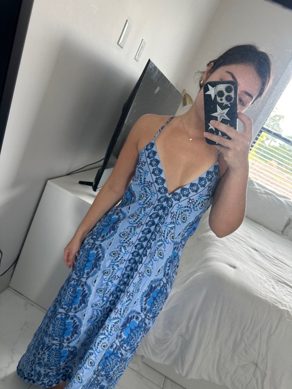 Sandro Blue Floral V-Neck Spaghetti-Strap Midi Dress